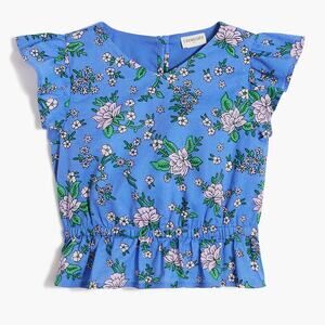 NWT Crewcuts J. Crew Floral Top Ruffle Sleeve V-Neck Peplum Blue Girls Size 4-5